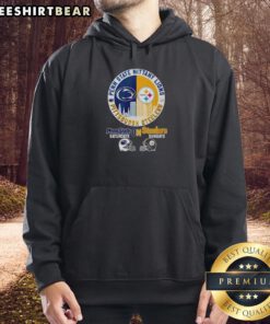 Alt Text: Fan wearing a hoodie featuring the Penn State and Steelers logos, showcasing Pennsylvania pride in one stylish outfit.