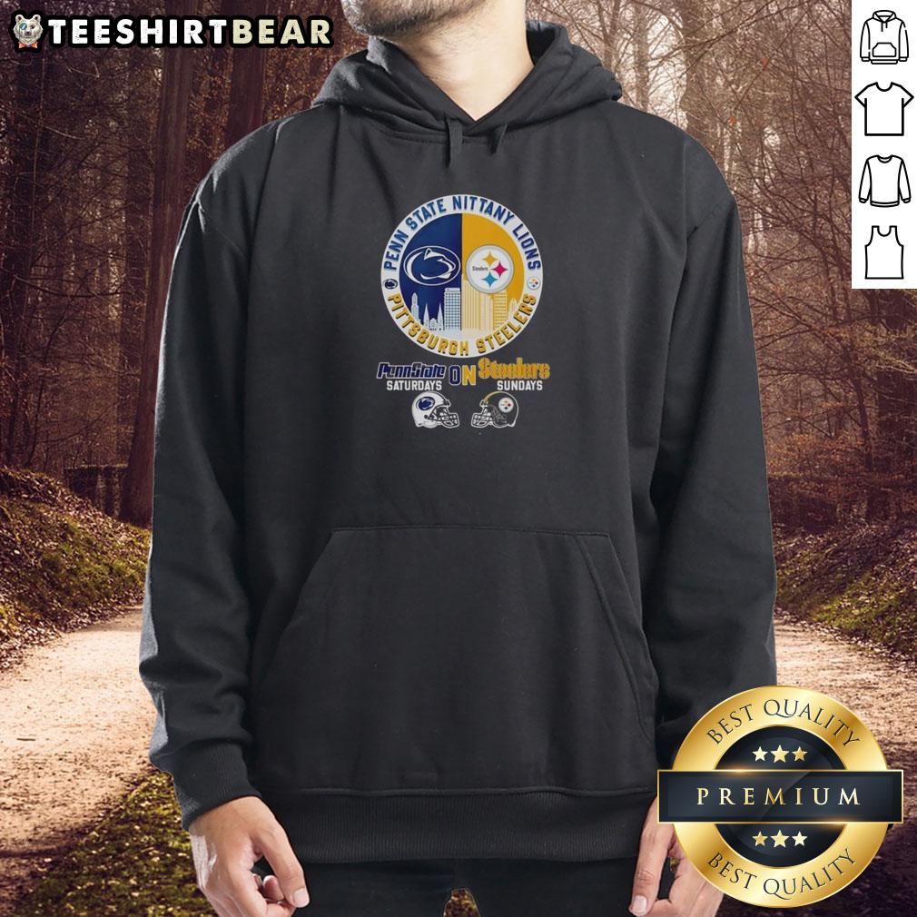 Alt Text: Fan wearing a hoodie featuring the Penn State and Steelers logos, showcasing Pennsylvania pride in one stylish outfit.