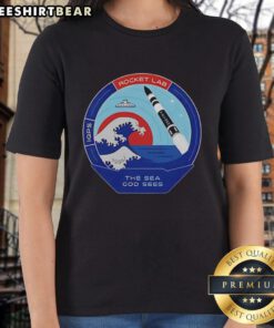 Alt Text: Top Rocket Lab 'The Sea God Sees Outer Space' mission patch on a ladies tee, showcasing a vibrant space-themed design.