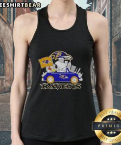 Top Snoopy and Woodstock driving a car with Baltimore Ravens skyline, vibrant tank top design for fans.