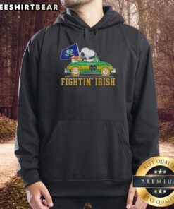 Alt Text: Snoopy and Woodstock driving a car on a Notre Dame hoodie, perfect for Fighting Irish fans and cartoon lovers.