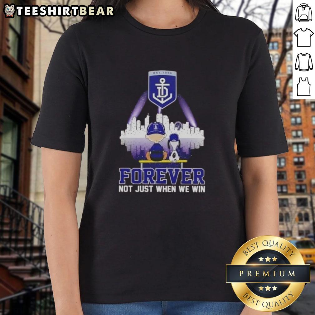 Top Snoopy X Charlie Brown Fremantle Dockers Forever Ladies Tee featuring skyline design, perfect for fans and casual wear.