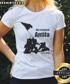 Top The Original Antifa Since 1941 Ladies Tee featuring bold text design on a stylish shirt for activists.