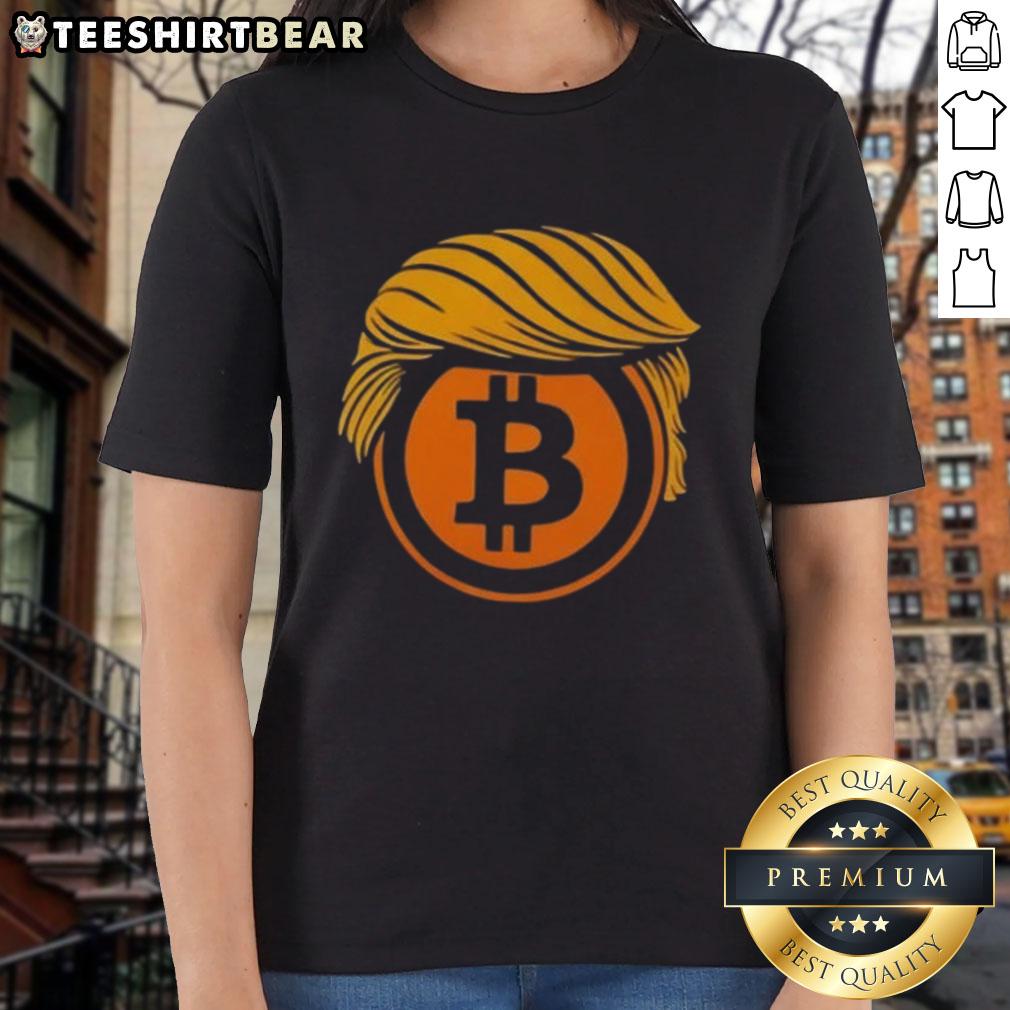 Top Trump Hair Bitcoin Crypto Ladies Tee featuring a playful graphic design celebrating cryptocurrency and fashion.