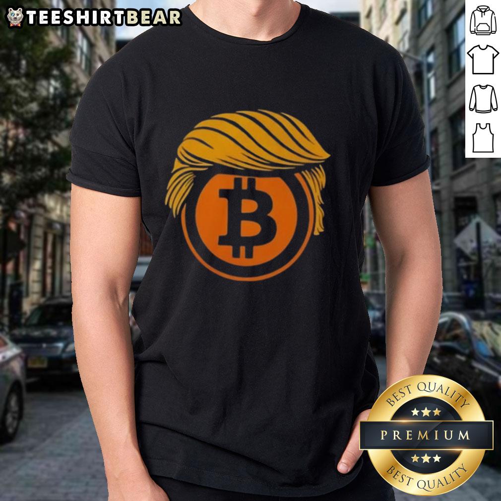 Top Trump Hair Bitcoin Crypto T-Shirt featuring a playful design of Trump with Bitcoin graphics for crypto enthusiasts.