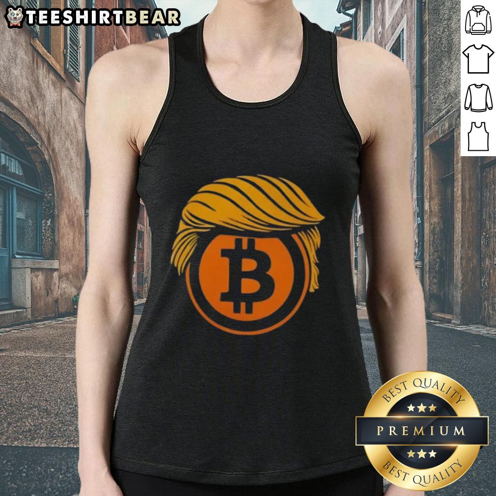 Top Trump Hair Bitcoin Crypto Tank Top featuring a fun graphic design for crypto enthusiasts and Trump supporters.