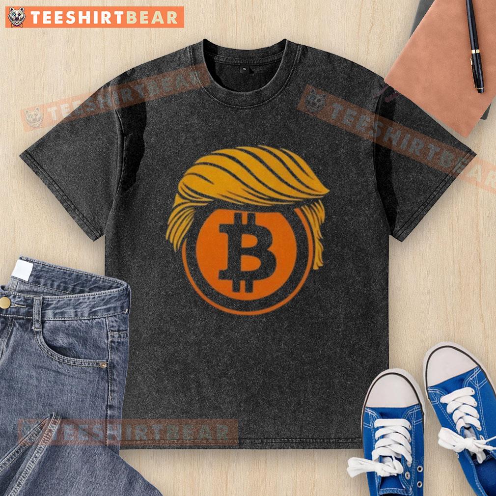 Top Trump Hair Bitcoin Crypto Washed T-Shirt featuring a playful design of Trump with Bitcoin graphics in a vintage style.