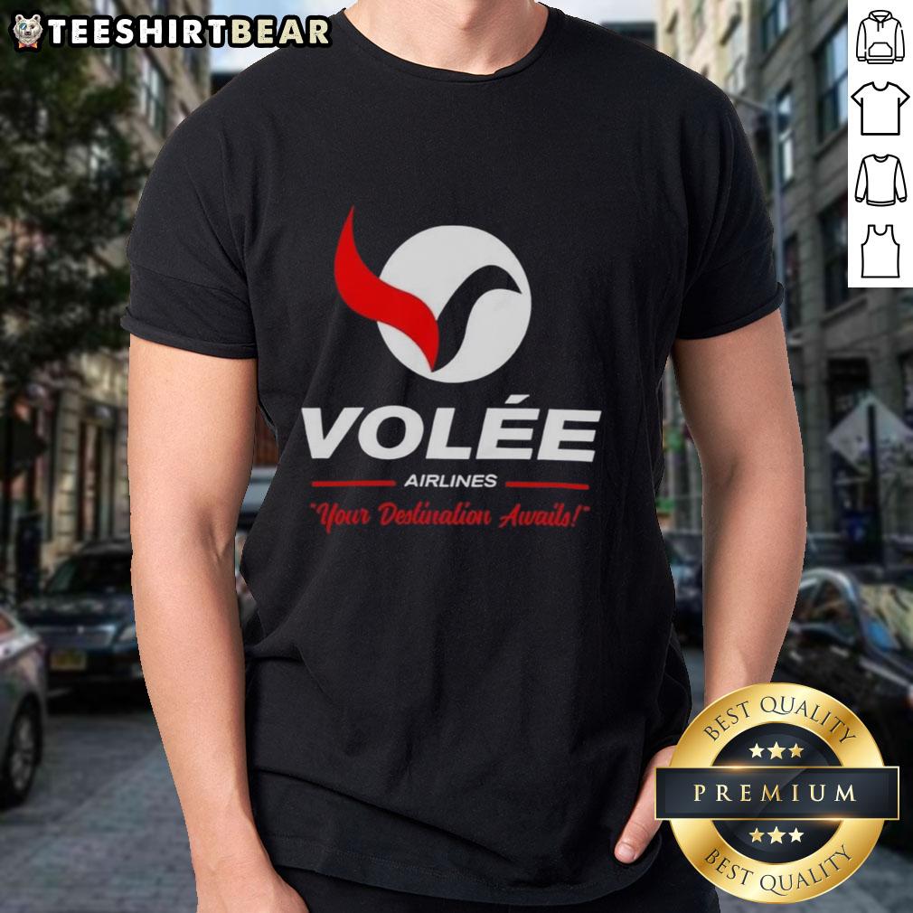 Top Vole Airlines 'Your Destination Awaits' logo T-shirt showcasing stylish travel apparel for aviation enthusiasts.