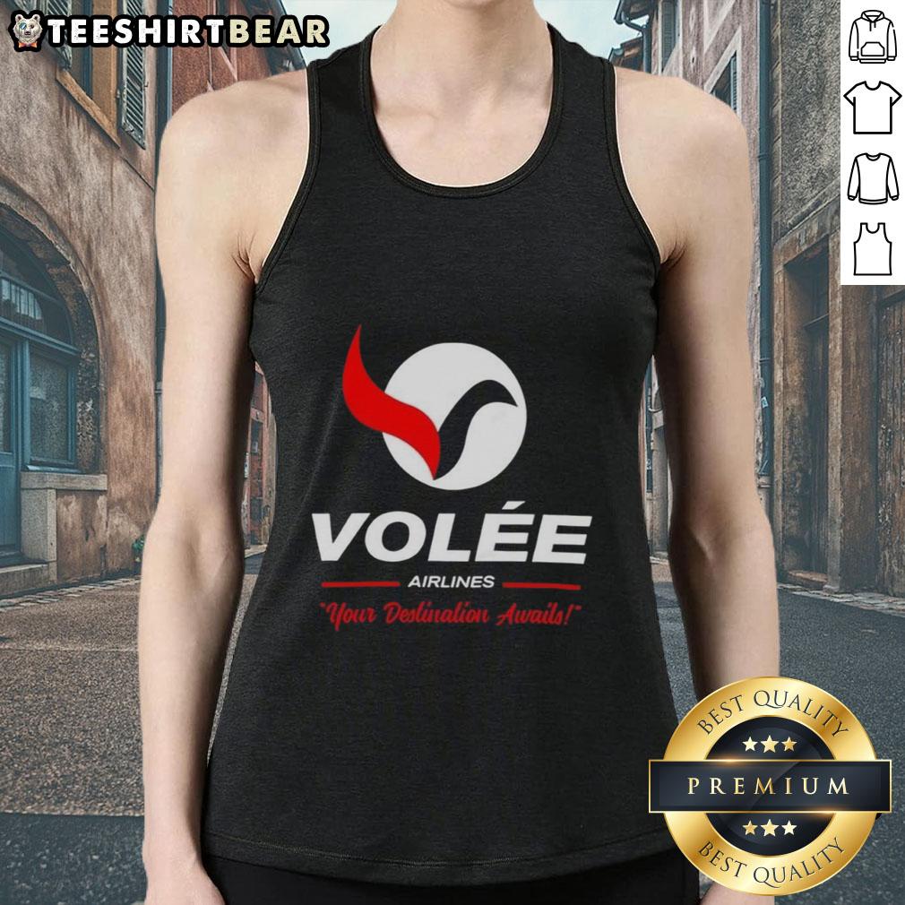 Top Volee Airlines logo on a stylish tank top, showcasing travel vibes with 'Your Destination Awaits' slogan.