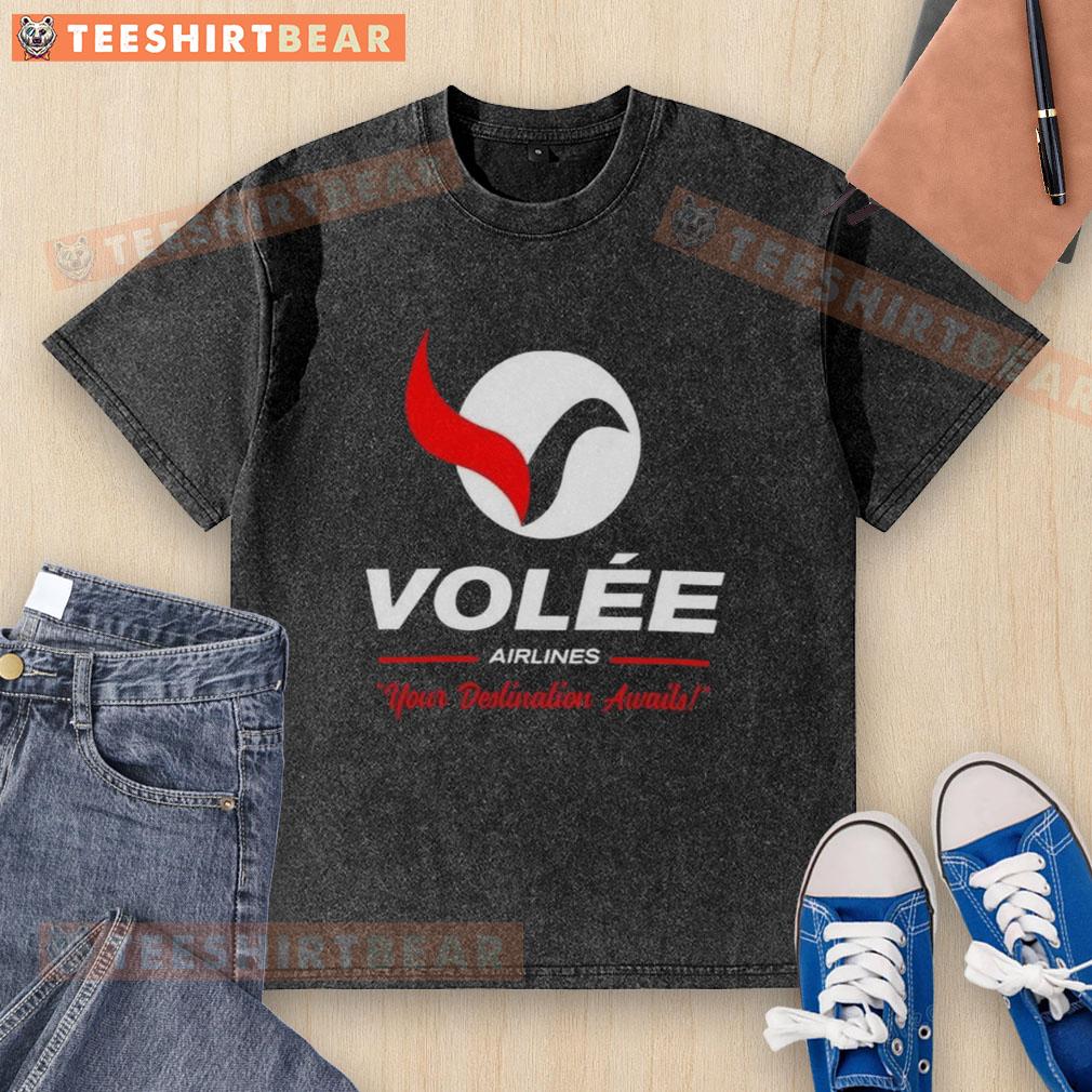 Alt Text: Top Volee Airlines logo on a washed t-shirt, perfect for travel enthusiasts. Your destination awaits with style!