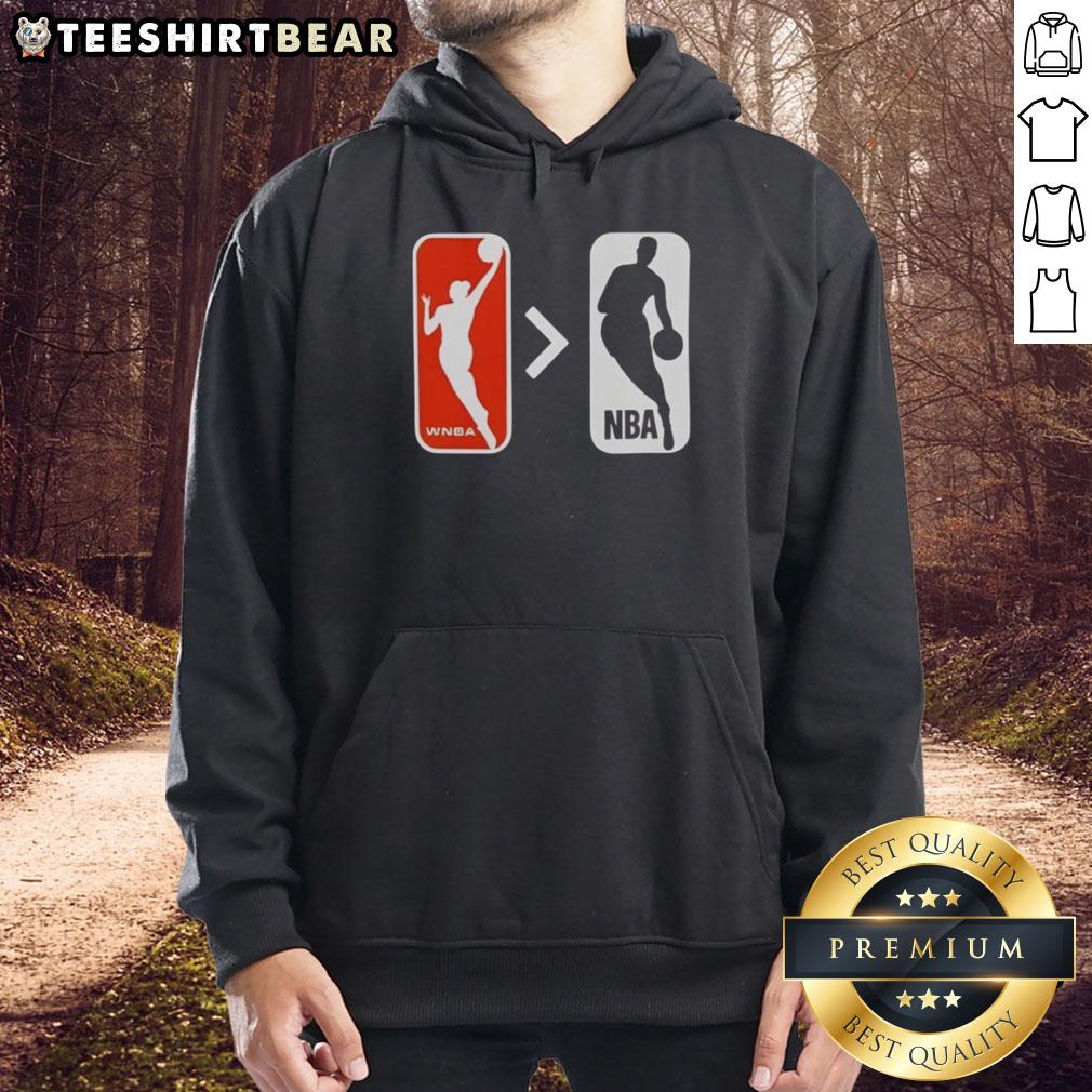 Top WNBA is Greater Than NBA Hoodie featuring bold lettering, perfect for basketball fans supporting women's sports.
