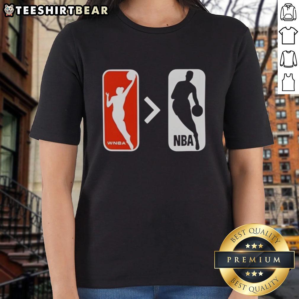 Top WNBA is Greater Than NBA Ladies Tee featuring bold graphic design, perfect for basketball fans and sports enthusiasts.