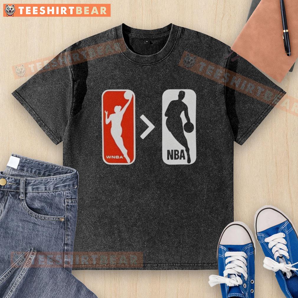 Top WNBA Is Greater Than NBA Washed T-Shirt featuring bold text design, perfect for basketball fans and advocates.