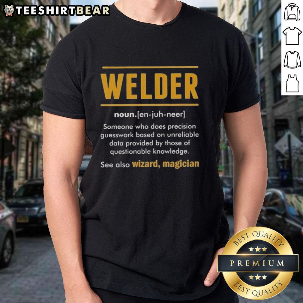 Top Welder See Also Wizard Magician T-Shirt featuring a creative design for welding enthusiasts and magic fans.