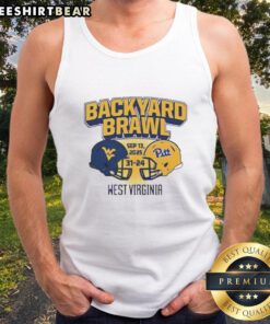 Top West Virginia Mountaineers beat Pittsburgh Panthers 31-24 in Backyard Brawl tank top showcasing team spirit.