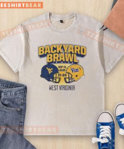 West Virginia Mountaineers beat Pittsburgh Panthers 31-24 in Backyard Brawl, featured on a washed T-shirt design.