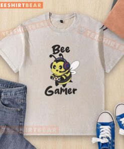 Cute bee gamer design on a washed t-shirt, perfect for gaming enthusiasts and bee lovers.