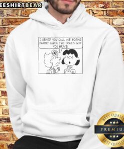 Alt Text: Cute Peanuts characters on a hoodie with a 'Boring Barbie' quote, perfect for fans of quirky, fun fashion.