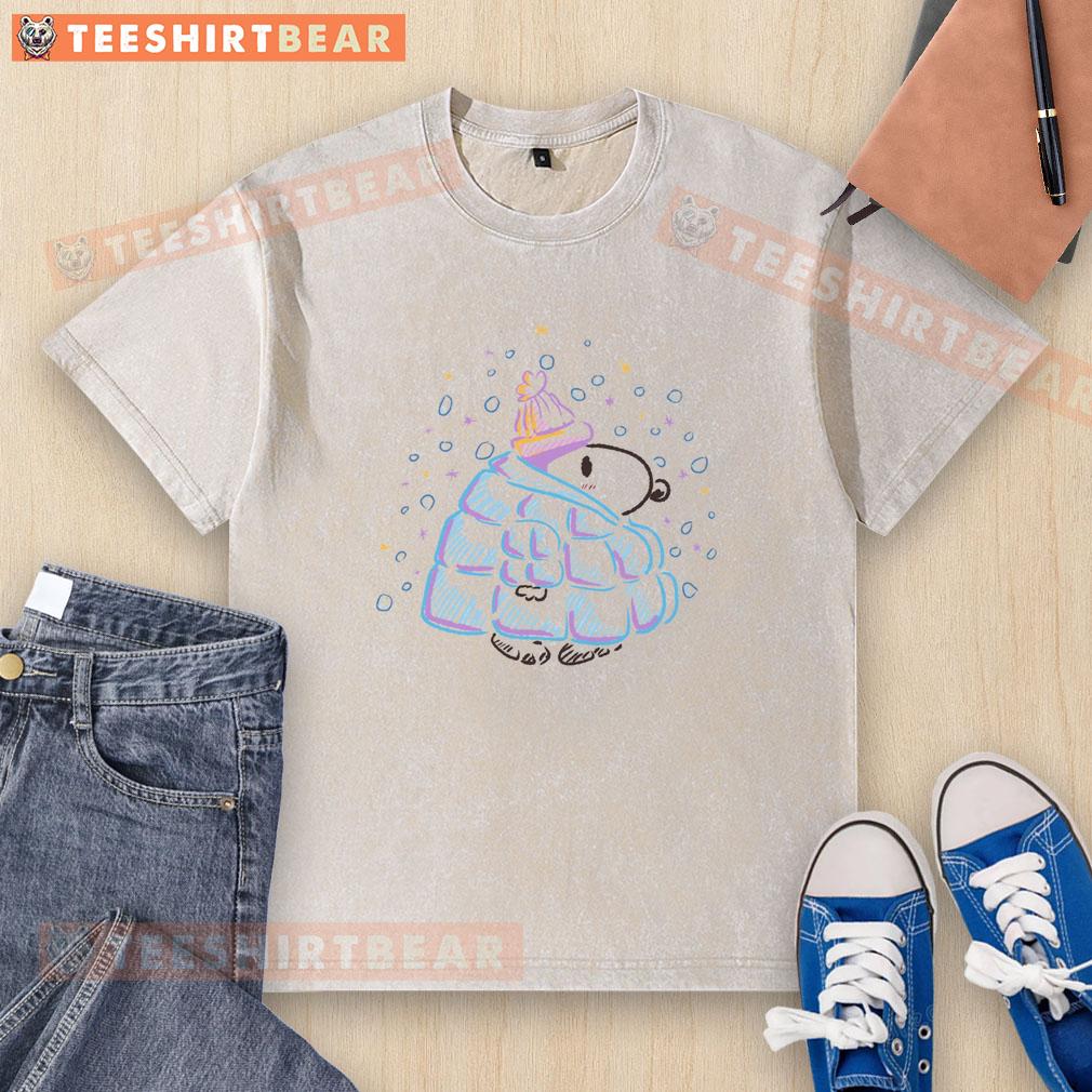 Alt Text: Cute Snoopy winter dog graphic on a washed t-shirt, perfect for cozy seasonal wear and dog lovers.
