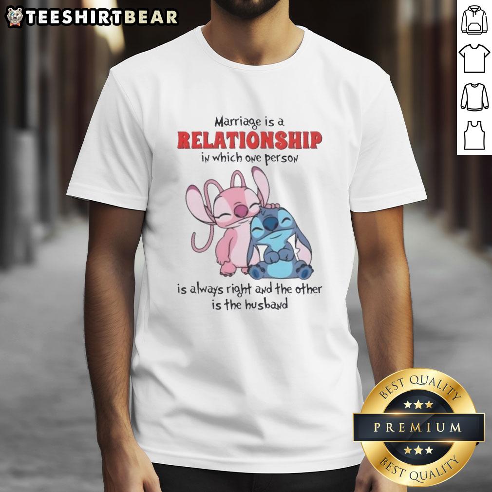 Alt Text: Cute Stitch marriage t-shirt design: 'In this relationship, one is always right, the other is the husband'.