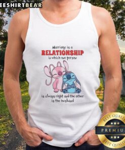 Alt Text: Cute Stitch tank top featuring 'Marriage: One is always right, the other is husband' design for couples.