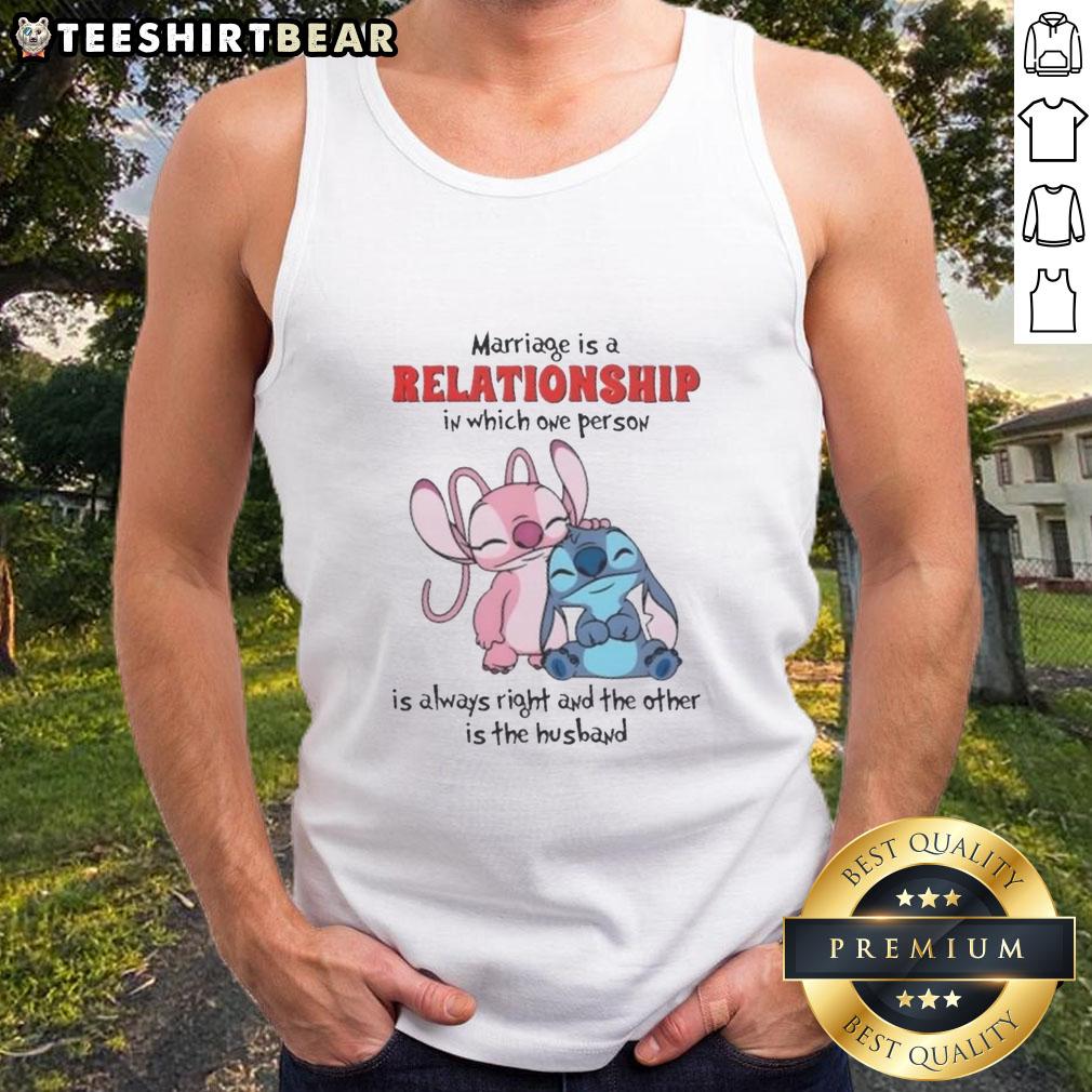 Alt Text: Cute Stitch tank top featuring 'Marriage: One is always right, the other is husband' design for couples.