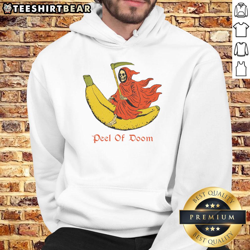 Funny The Reaper Banana Peel of Doom Hoodie featuring a playful grim reaper design with a banana peel. Perfect for Halloween!