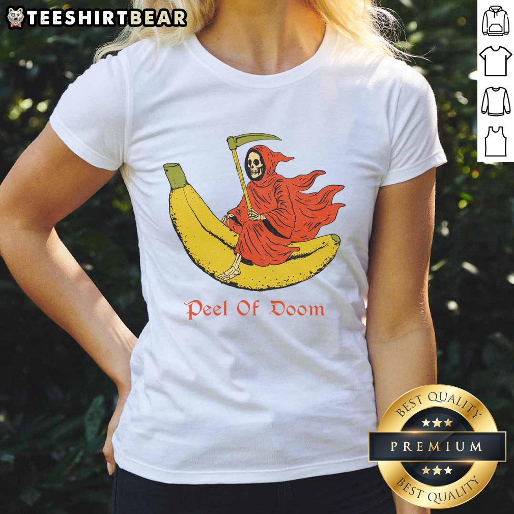 Funny The Reaper Banana Peel of Doom ladies tee featuring a playful skull and banana design, perfect for humorous outfits.