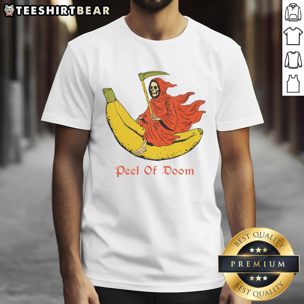 Funny The Reaper Banana Peel Of Doom T-Shirt featuring a cartoon grim reaper slipping on a banana peel, perfect for humor lovers.