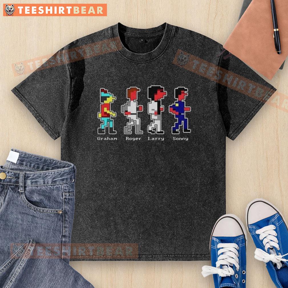 Good Graham, Roger, Larry, and Sonny wearing a washed t-shirt, showcasing a casual group style and friendship.