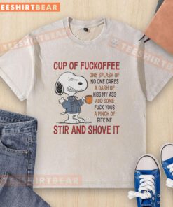 Good Snoopy Cup of Fuckoffee Stir and Shove It washed t-shirt featuring a playful Snoopy graphic for coffee lovers.