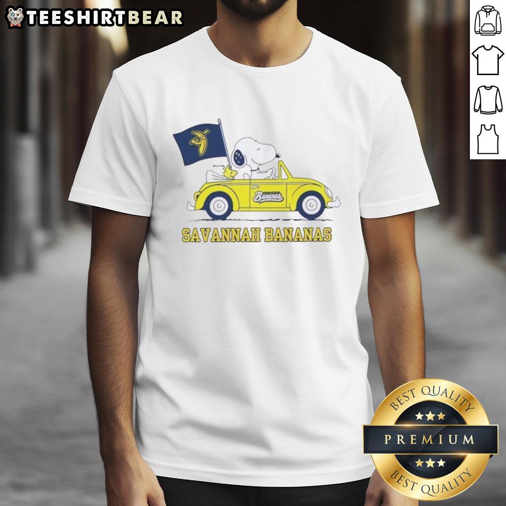 Alt Text: 'Good Snoopy driving a car on a Savannah Bananas T-Shirt, showcasing a fun and playful design for fans.'