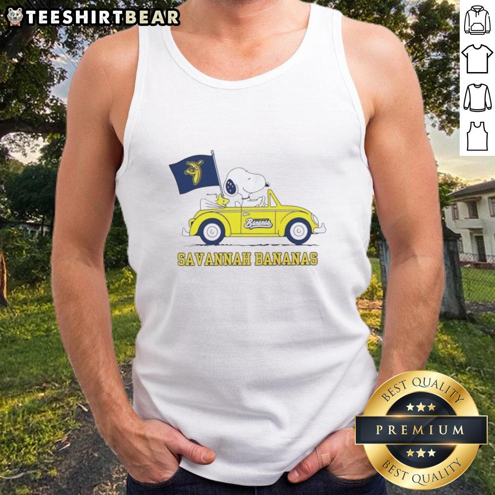 Alt Text: Good Snoopy driving a car, wearing a Savannah Bananas tank top, showcasing fun cartoon style and summer vibes.