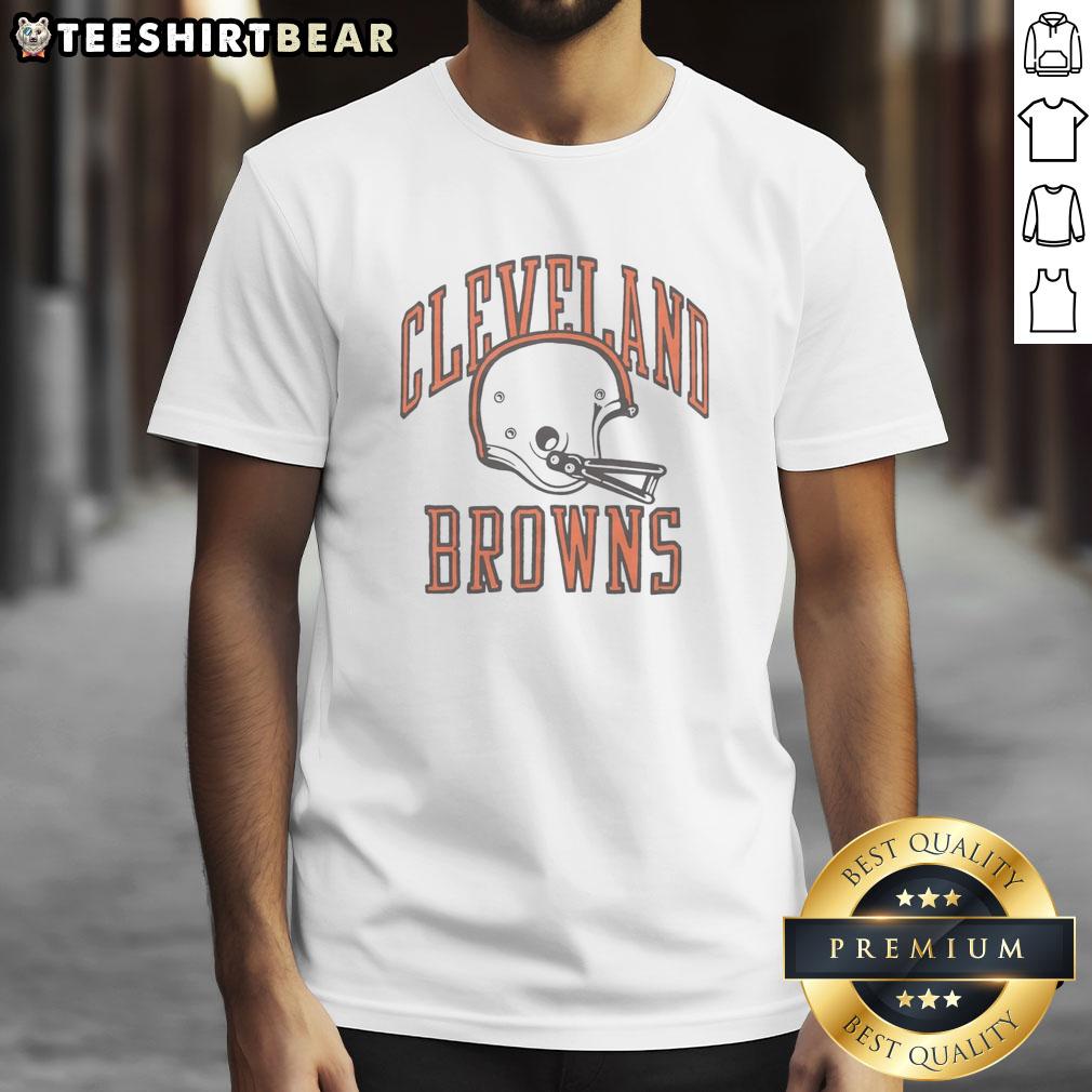 Hot Cleveland Browns white helmet T-shirt featuring the team's logo, perfect for fans supporting their NFL team.