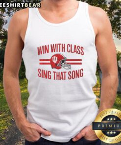 Hot Indiana Hoosiers football fans in tank tops celebrate a win, singing 'That Song' with pride and excitement.