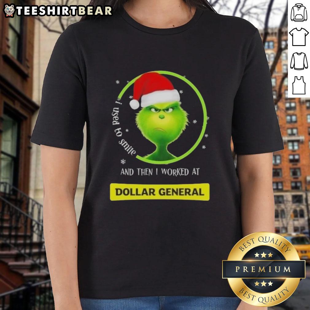 Funny Grinch Christmas tee for women: 'I Used to Smile and Then I Worked at Dollar General' - perfect holiday apparel.
