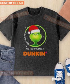 Funny 'Nice Grinch' t-shirt featuring a humorous Dunkin' Donuts design, perfect for coffee lovers and holiday cheer.