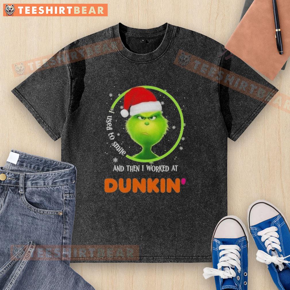 Funny 'Nice Grinch' t-shirt featuring a humorous Dunkin' Donuts design, perfect for coffee lovers and holiday cheer.