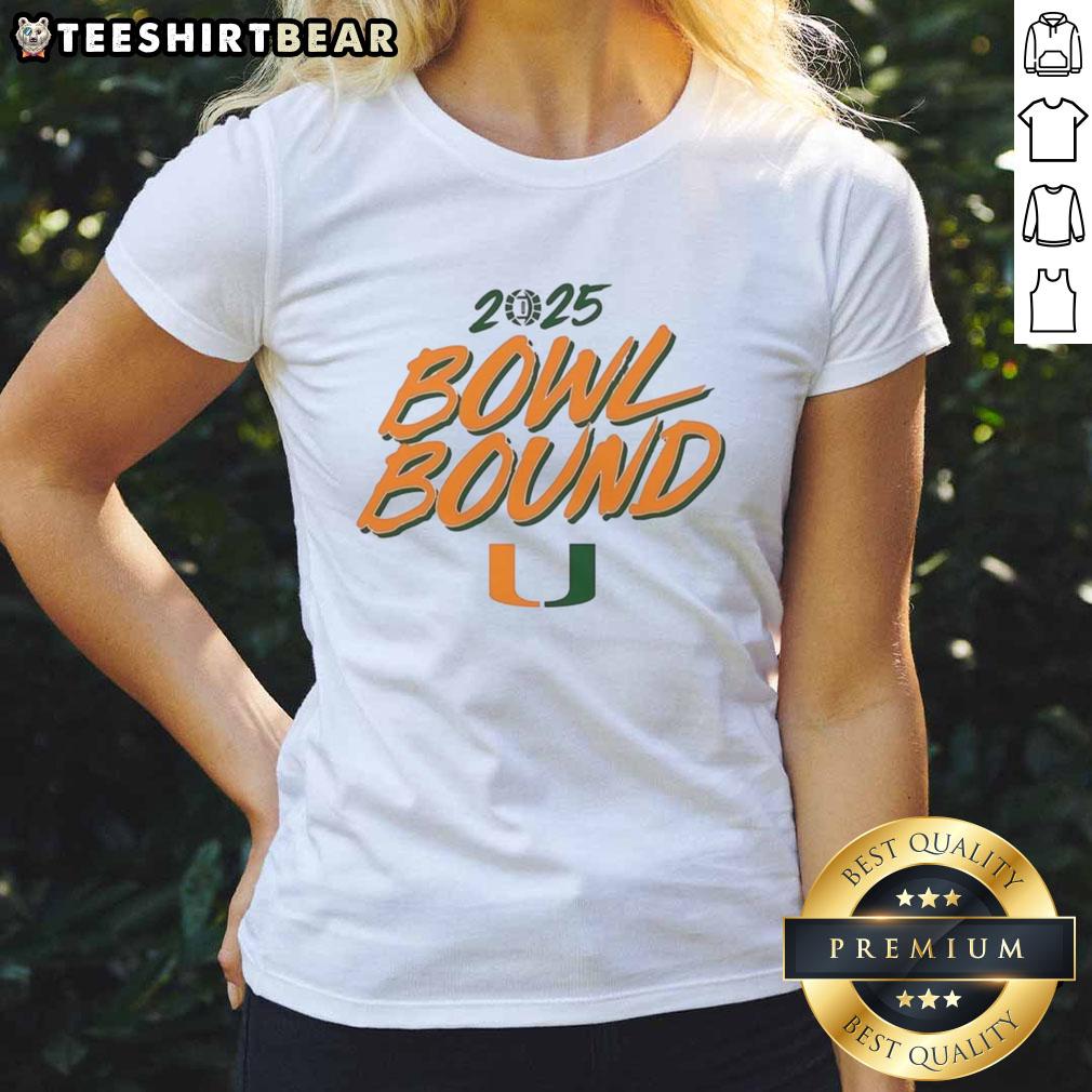 Nice Miami Hurricanes Football 2025 Bowl Bound ladies tee featuring vibrant team colors and logo for passionate fans.