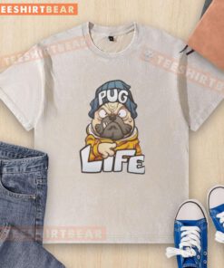 Alt Text: Cartoon of a cool pug dressed like a gangster on a washed t-shirt, perfect for dog lovers and casual fashion.