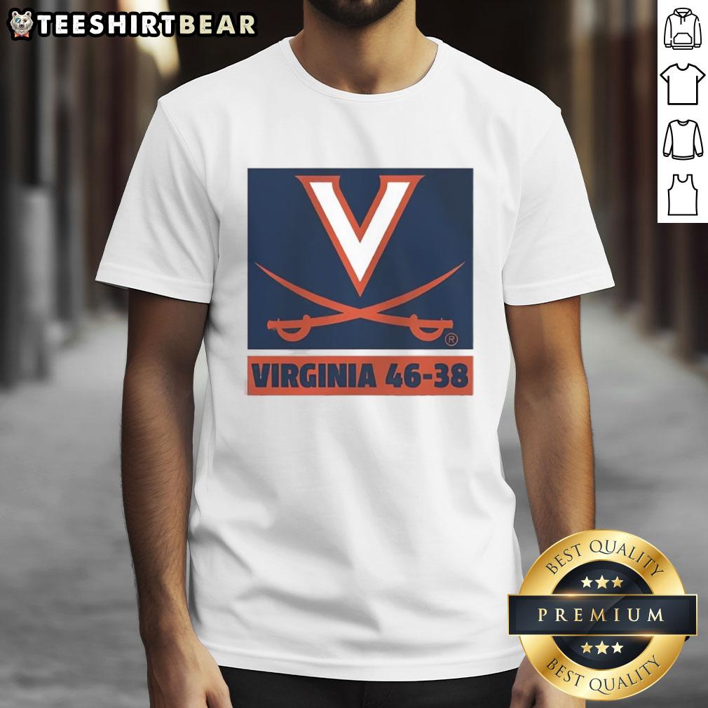 Virginia Cavaliers Football 46-38 logo t-shirt featuring bold graphics for fans of UVA sports.