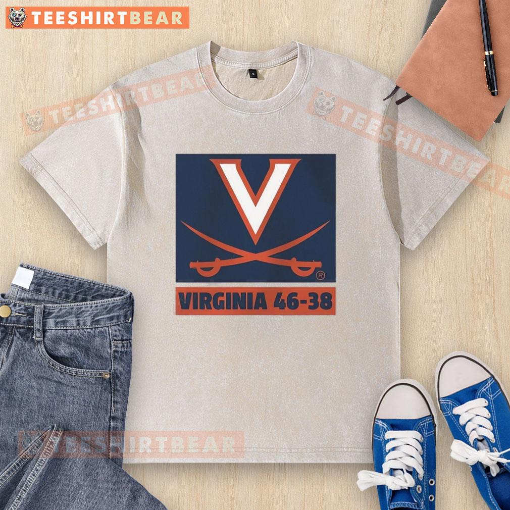 Virginia Cavaliers Football 46-38 logo on a washed t-shirt, perfect for fans of NCAA football and team apparel.