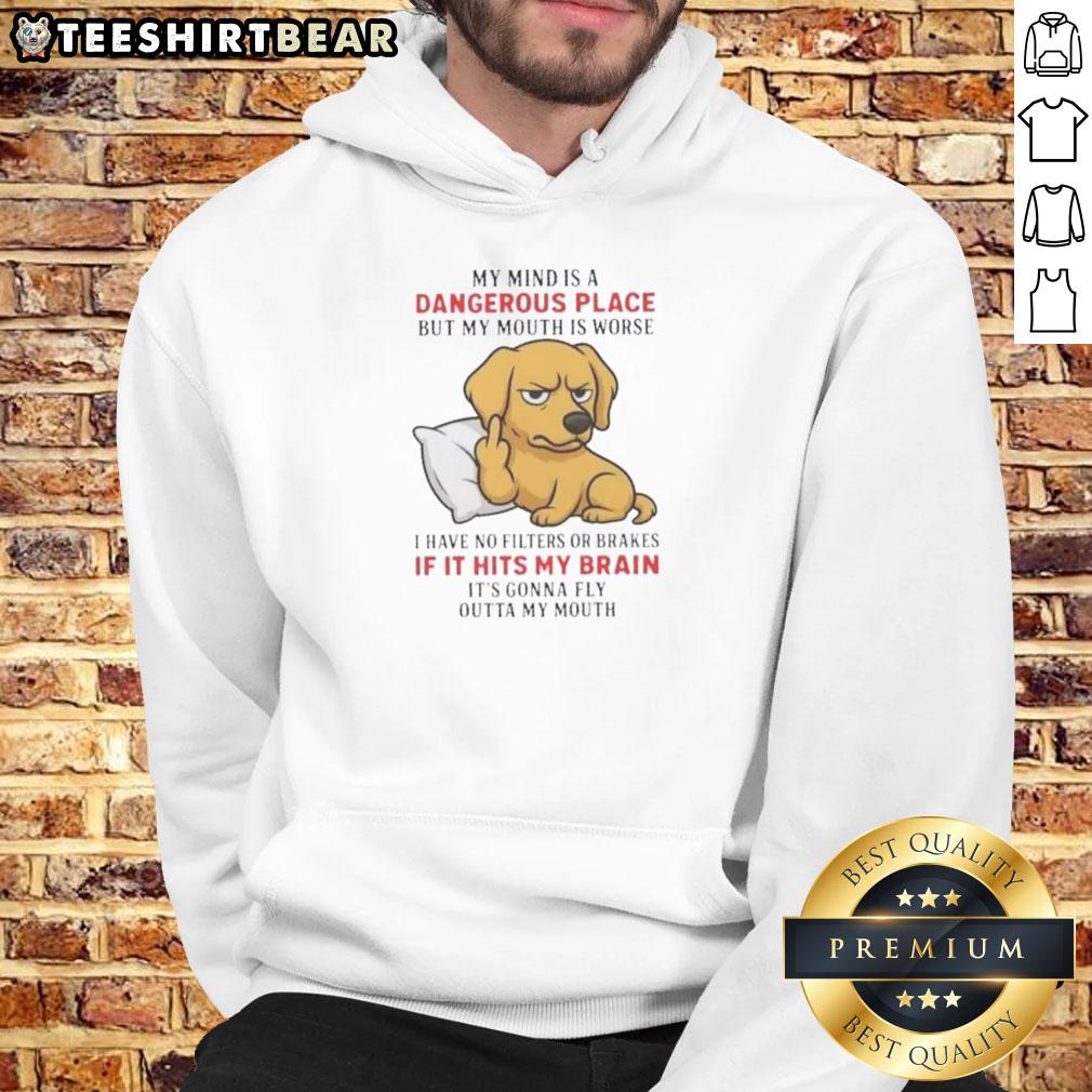 Official Golden 'My Mind Is A Dangerous Place But My Mouth Is Worse' Hoodie in black, featuring bold graphic text design.