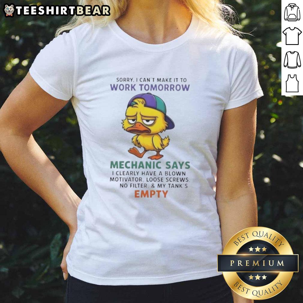 Premium Duck tee featuring a mechanic's funny excuse: 'I have a blown motivator' for women, perfect for casual wear.