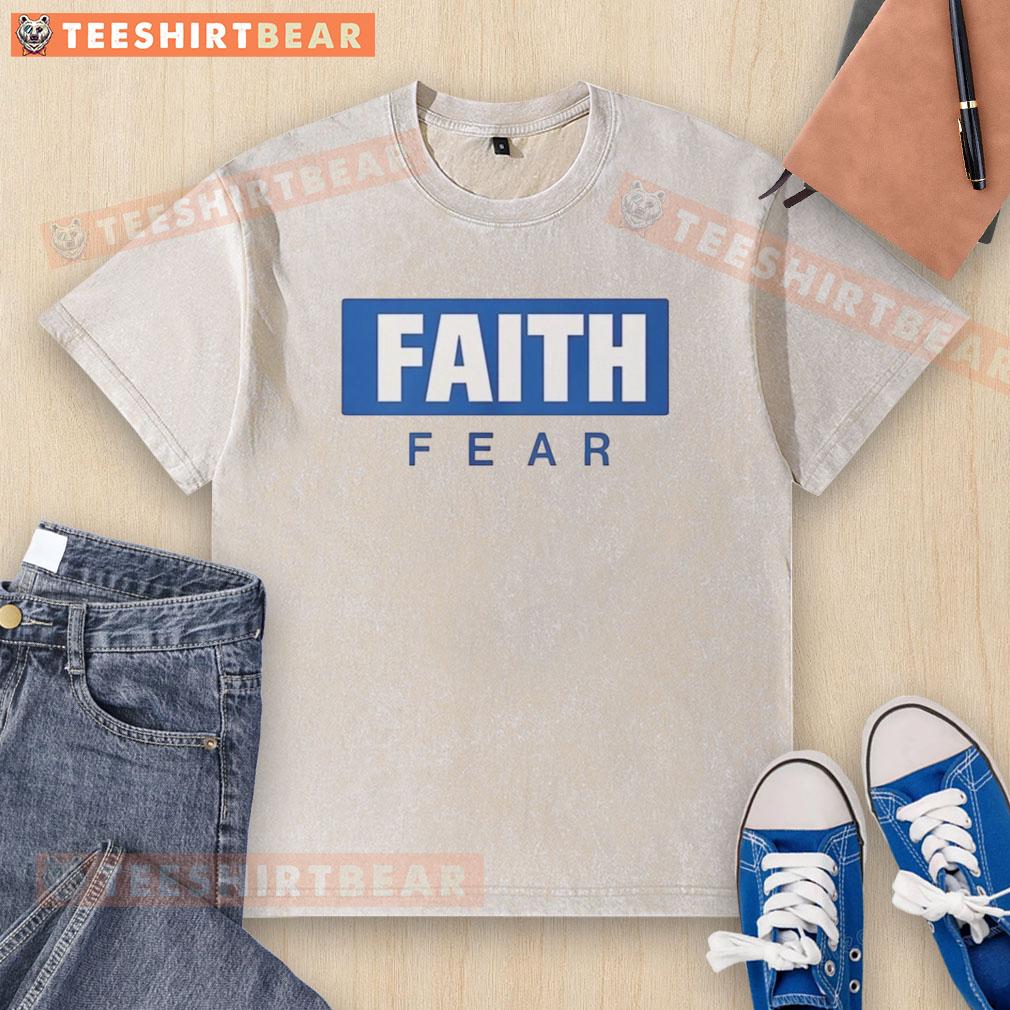 Premium Faith Fear logo on a washed t-shirt, featuring a stylish design for casual wear enthusiasts.
