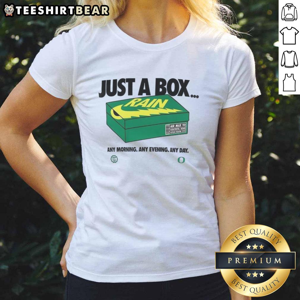 Premium Oregon Ducks ladies tee featuring 'Just A Box Any Morning Any Evening Any Day' design for casual wear.