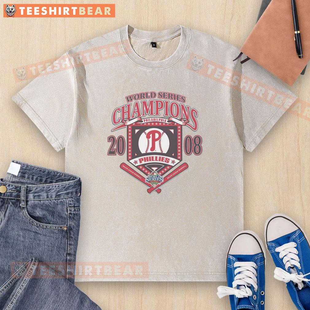 Premium Philadelphia Phillies White Cooperstown World Series Champions Arch Washed T-Shirt displayed on a hanger.