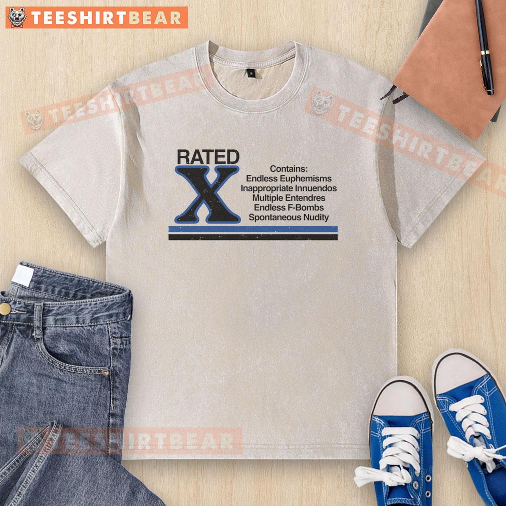 Premium Rated X T-shirt featuring endless euphemisms and inappropriate innuendos for a humorous style.