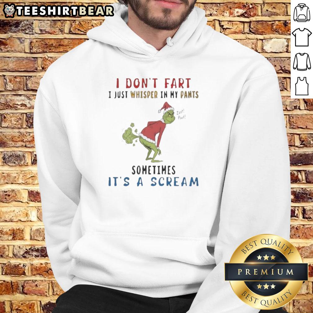 Premium Grinch hoodie with 'I Don't Fart, I Just Whisper In My Pants' slogan, perfect for holiday humor and comfort.