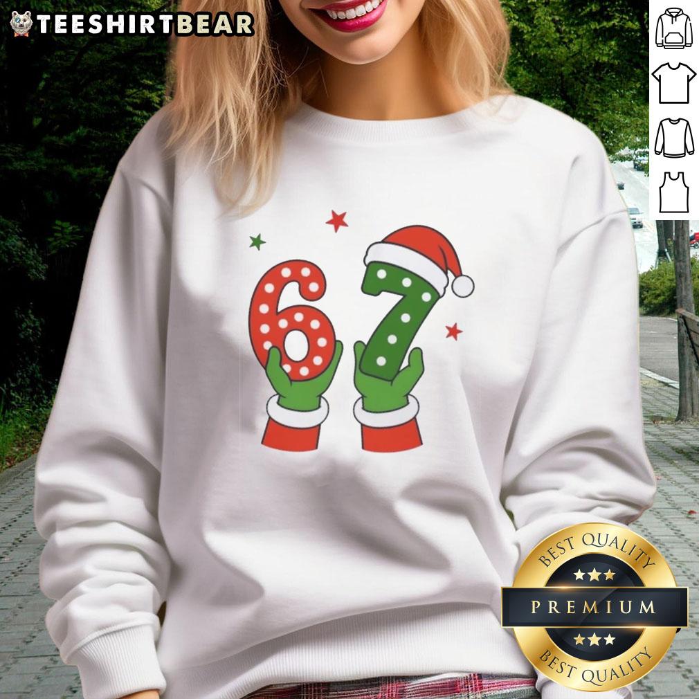 Alt Text: Pretty Christmas 67 Six Seven Santa Claus Hands Sweatshirt featuring festive Santa graphic on a cozy, stylish design.